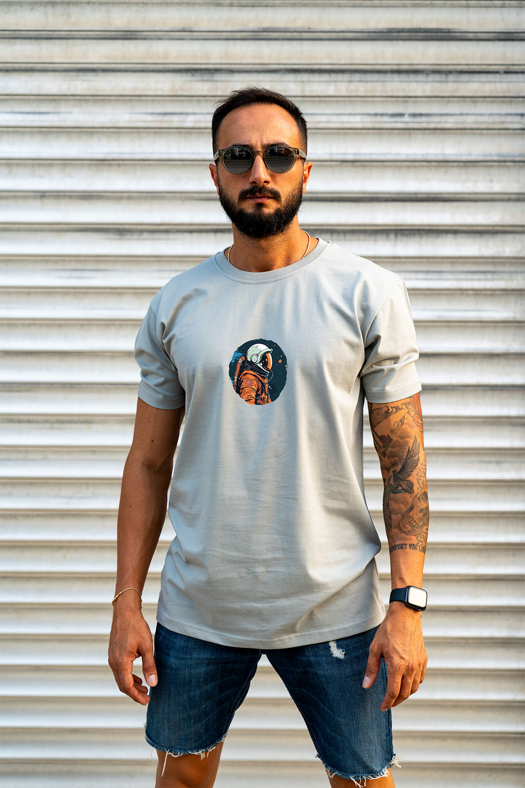 Astronot %100 Pamuk Erkek T-Shirt Gri