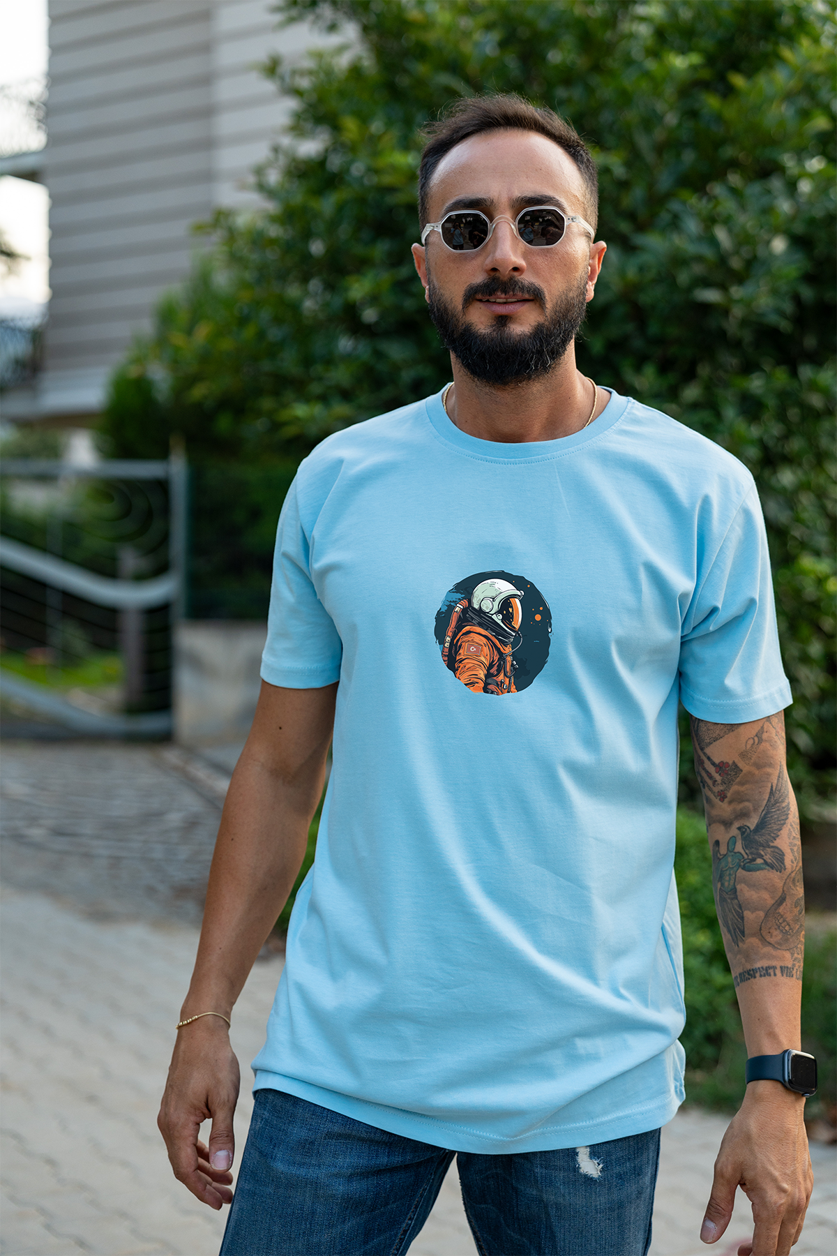 Astronot %100 Pamuk Erkek T-Shirt Mavi