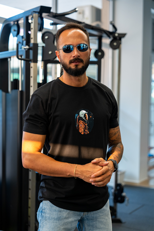 Astronot %100 Pamuk Erkek T-Shirt Siyah