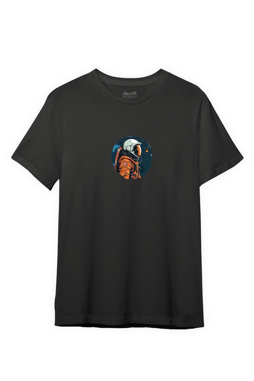 Astronot %100 Pamuk Erkek T-Shirt Siyah
